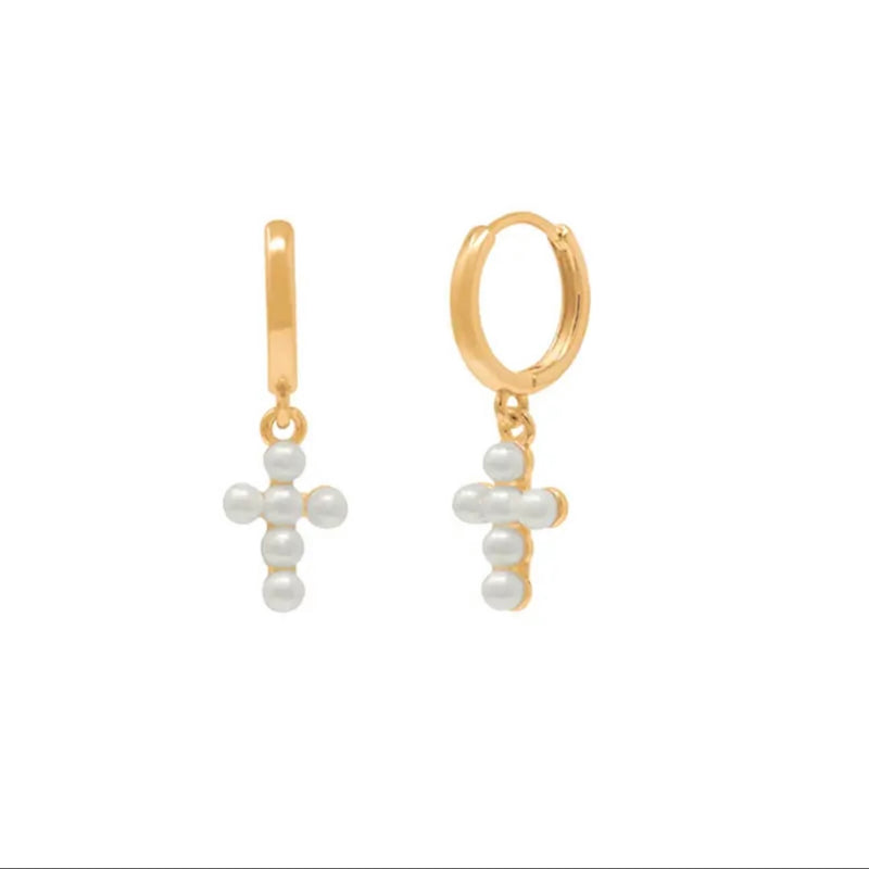 Freshwater Pearl Cross Gold Earrings