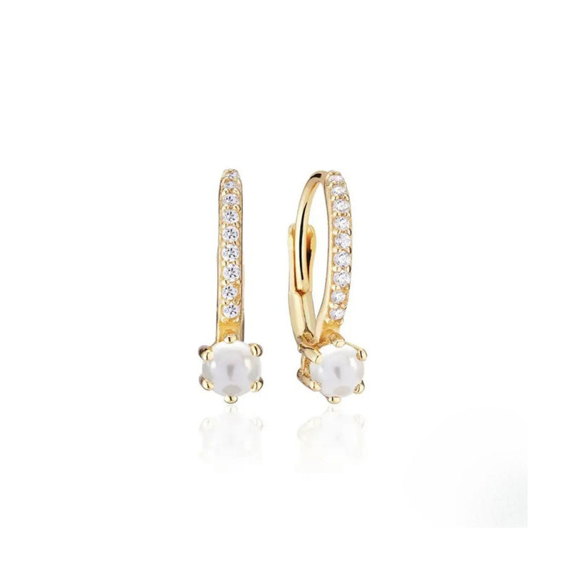 Freshwater Pearl Huggie Hoop Diamond Earrings
